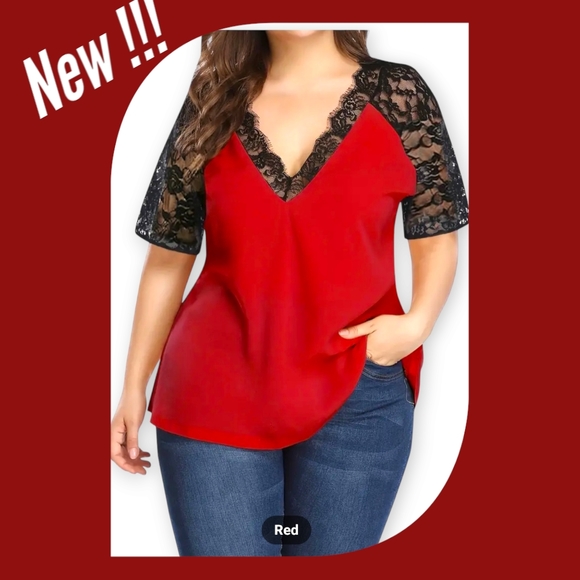 Women's Plus Size Red and Black Floral Jacquard Contrast Lace Casual Top💖 - Picture 10 of 12